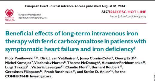 Main inclusion criteria: NYHA class II / III, LVEF 45% BNP > 100 pg/ml or NT-proBNP > 400 pg/ml Iron deficiency: serum ferritin <100 ng/ml or 100-300 ng/ml if TSAT <20% Hb < 15 g/dl Blinding: