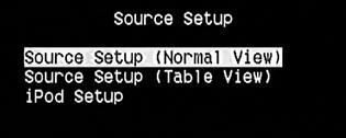 Source Setup Från Setup Menu, trycker du på [ ] för att komma in i Source Setup menyn där du kan justera, dirigera eller ändra följande inställningarna Source Setup (Normalvy), Source Setup