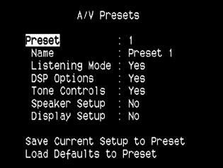 Hur du använder din T 175 SETUP MENY A/V PRESETS (A/V SNABBVAL) Detta är ett enkelt men användbart och flexibelt system som ger dig möjlighet att göra specialinställningar för olika ändamål och kunna