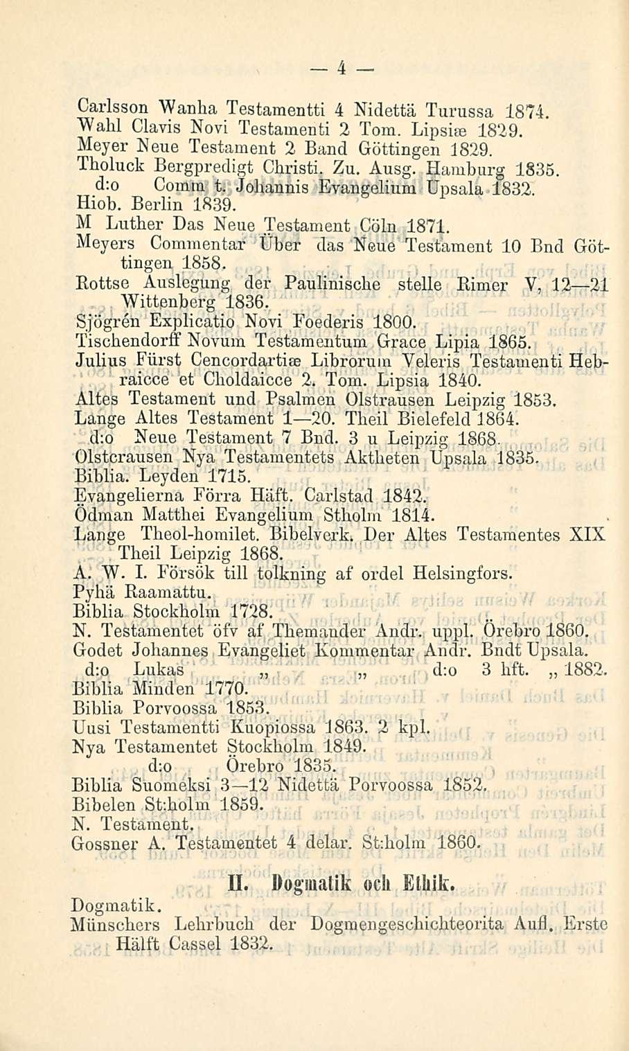 4 Carlsson Wanha Testamentti 4 Nidettä Turussa 1874. Wahl Clavis Novi Testamenti 2 Tom. Lipsim 1829. Meyer Neue Testament 2 Band Göttingen 1829. Tholuck Bergpredigt Christi, Zu. Ausg. Hamburg 1835.