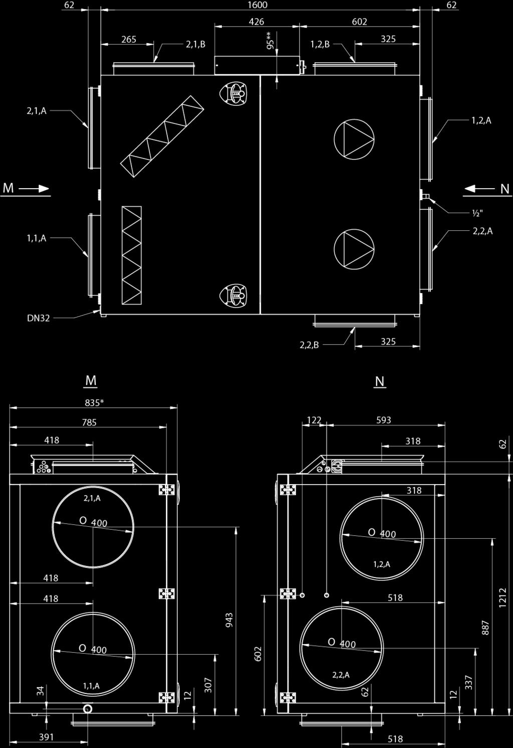 VEX150H Horisontell,Right (aggregatets mått i mm) 1.1 Frånluft 1.2 Avluft 2.1 Uteluft 2.