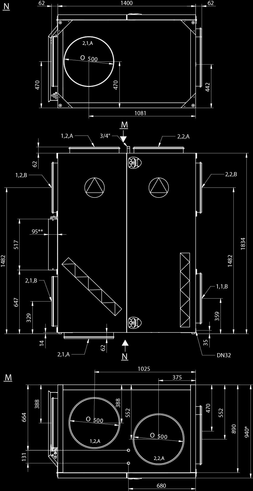 VEX160V Vertikal, Right (aggregatets mått i mm) 1.1 Frånluft 1.2 Avluft 2.1 Uteluft 2.