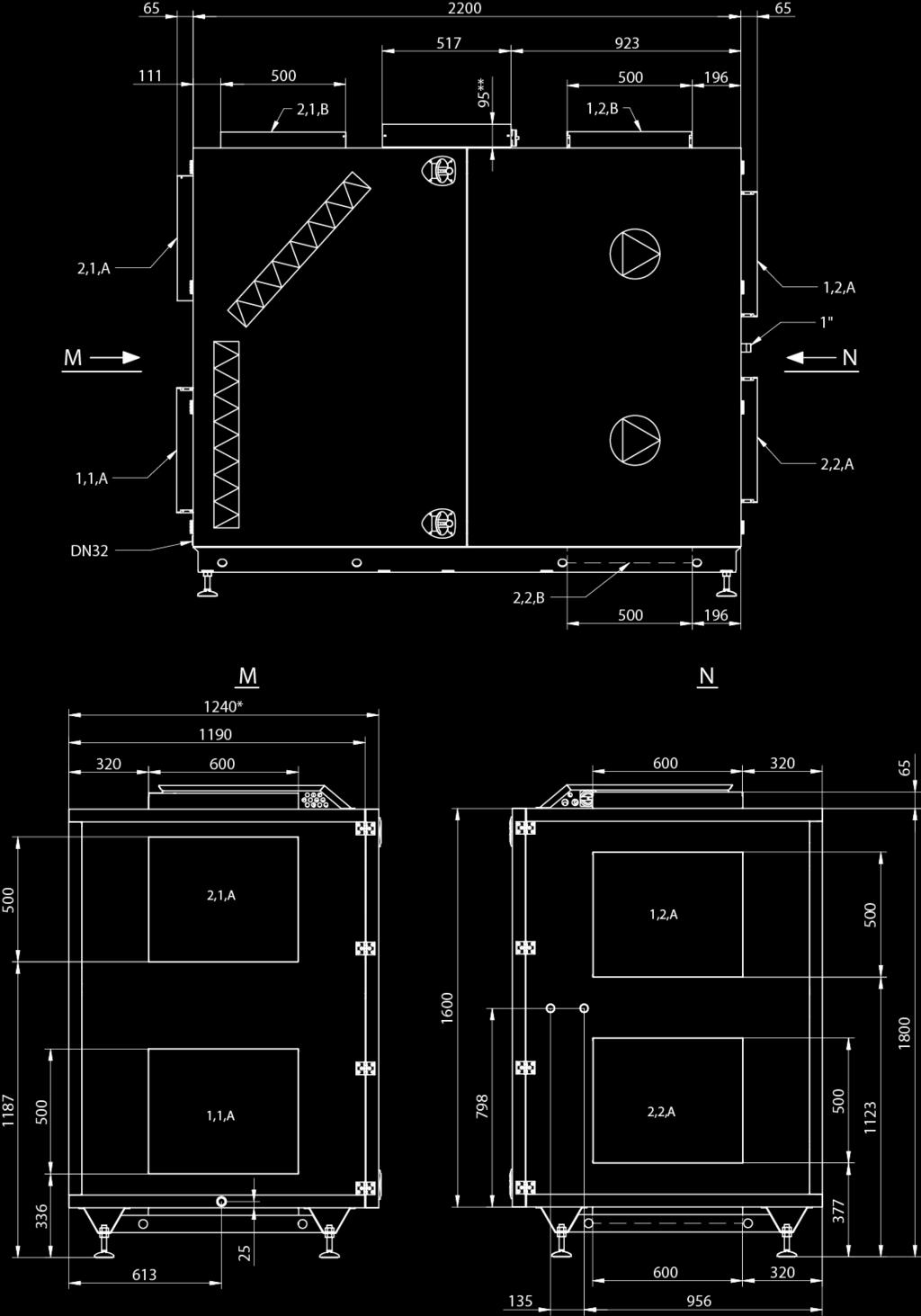 VEX170 Horisontell, Right (aggregatets mått i mm) 1.1 Frånluft 1.2 Avluft 2.1 Uteluft 2.