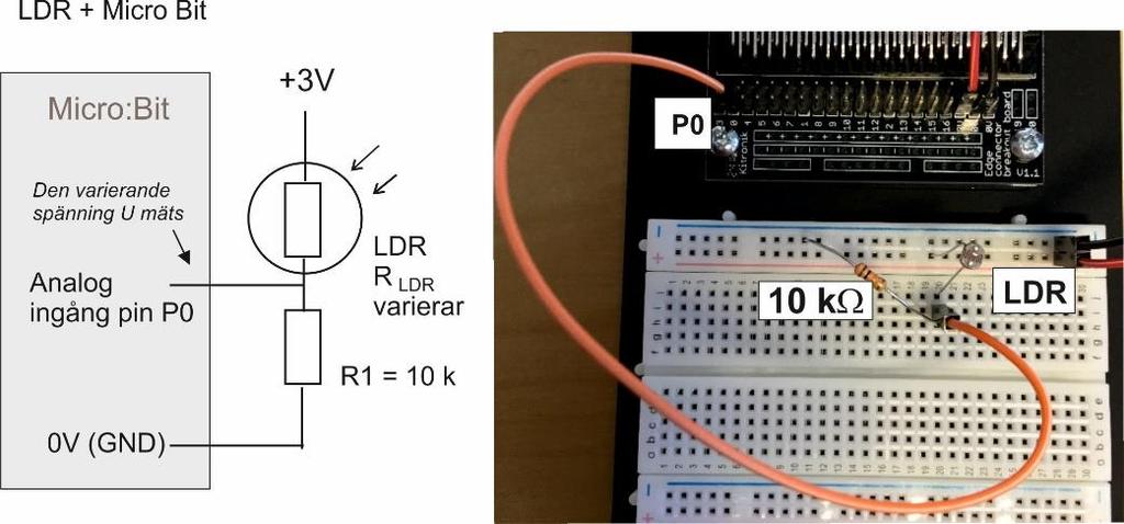 Då en LDR kopplas i serie med ett fast motstånd av lämplig storlek får vi en spänningsdelare (se första figuren på andra sidan). I vår koppling används ett motstånd R1 = 10 kω.