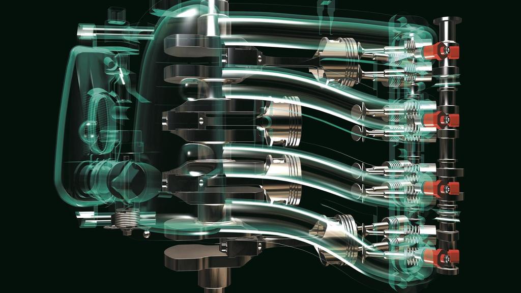 Motorkonstruktion med 16 ventiler och DOHC DOHC (dubbla överliggande kamaxlar), med ökad cylindervolym och stora ventiler, leder till optimal ventilstyrning som ger en