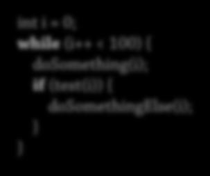Iteration: break, continue 24 int i = 0; while (i++ < 100) { dosomething(i); if (!
