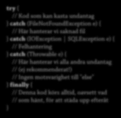 Undantag i Python och Java 26 Python Java try: # Kod som kan kasta undantag except ZeroDivisionError: # Här hanterar vi division med noll except (NameError, TypeError): # Hantera