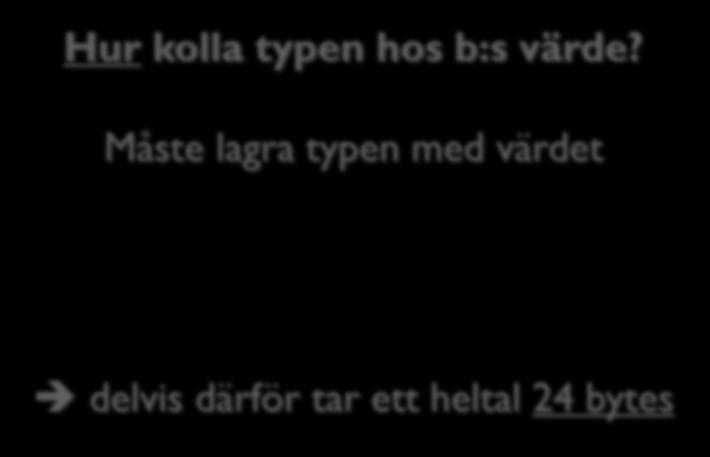 Måste lagra typen med värdet Java: Statisk typkontroll void dosomething(int x) { int y = x + 10; Hur