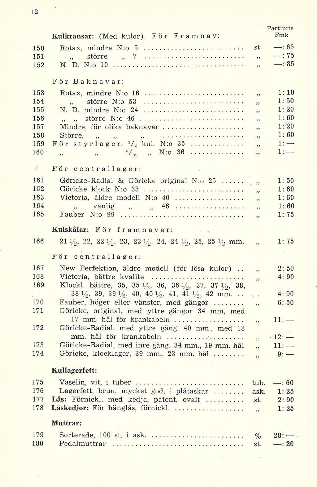 1: Kulkransar: (Med kulor). För Framnav: 150 Rotax, mindre N;o 5 st. : 65 151 större 7 : 75 152 N. D.