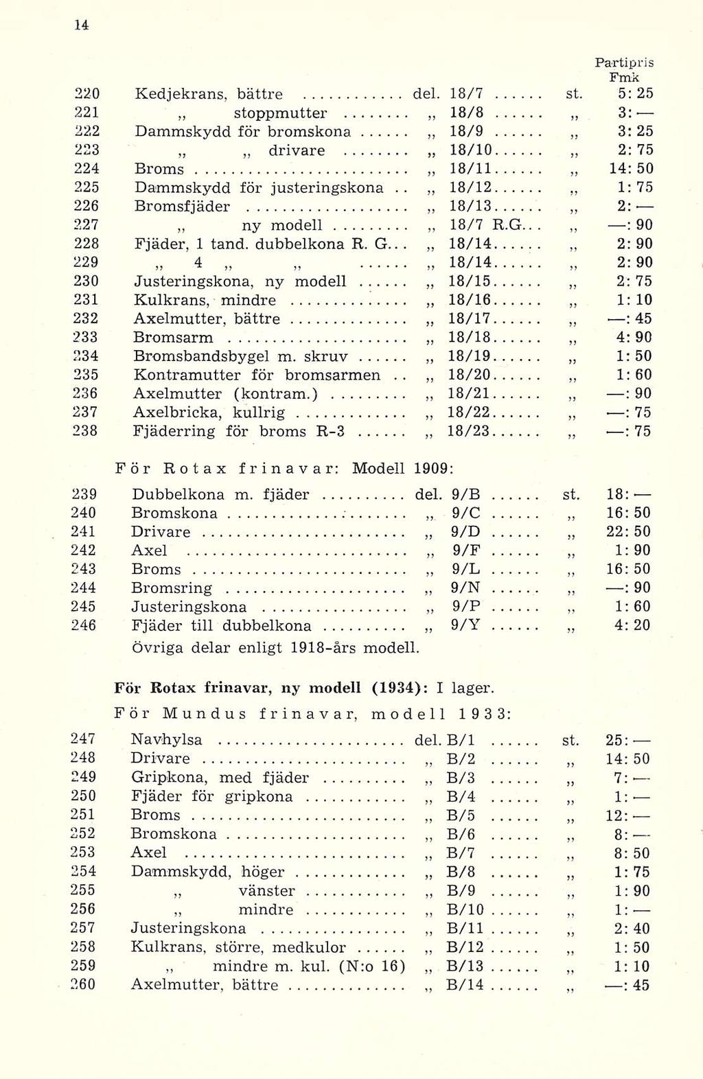 ; 220 Kedjekrans, bättre del. 18/7 st. 5: 25 221 stoppmutter 18/8 222 Dammskydd för bromskona 18/9 3: 25 223 drivare 18/10 2:75 224 Broms 18/11 225.