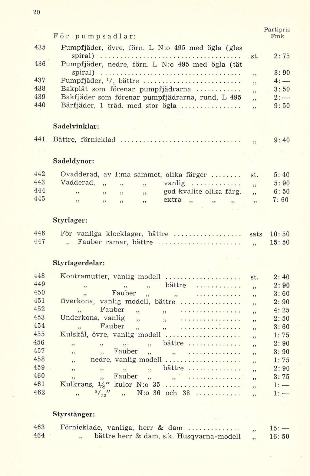 För pumpsadlar: 4: 435 Pumpfjäder, övre, förn. L N:o 495 med ögla (gles spiral) st 2: 75 436 Pumpfjäder, nedre, förn.