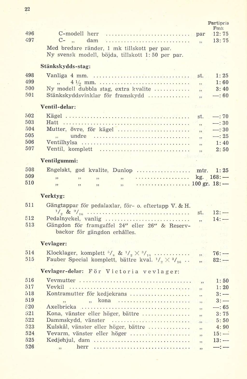 496 C-modell herr par Pairtipris 12: 75 497 C- dam 13: 75 Med bredare ränder, 1 mk tillskott per par. Ny svensk modell, böjda, tillskott 1:50 per par. Stänkskydds-stag: 498 Vanliga 4 mm st.