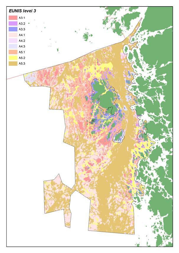 Figur 6. Utbredning av habitat enligt EUNIS klassificering, nivå 3, i Kosterhavets nationalpark. Utbredning bedömd utifrån tillgänglig information om substrat, djup och exponering i området.