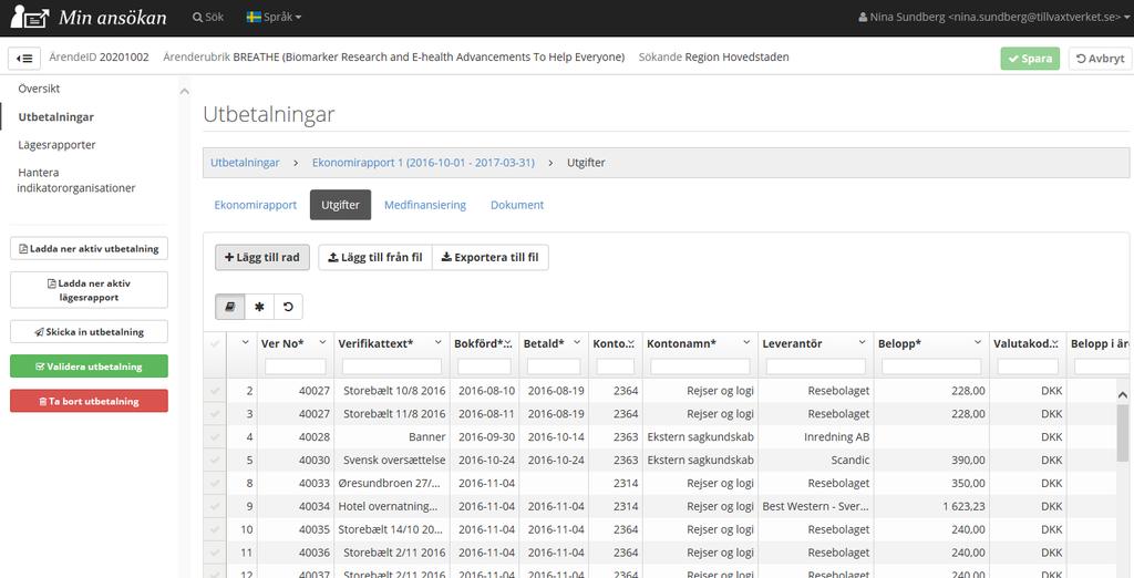 2 Exportera fil från utbetalningsansökan till Excel De utgiftsrader som finns i ekonomirapporten kan exporteras ut till en kommaseparerad fil (.