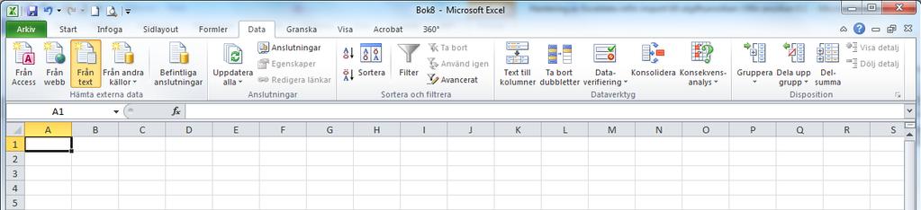 csv-filen till Excelformat, följ nedan beskrivning: 1. Öppna Excel 2. Välj i huvudmenyn Data-> Hämta externa data-> Från text 3. Välj den fil som exporterats från utbetalningsansökan i Min ansökan. 4.