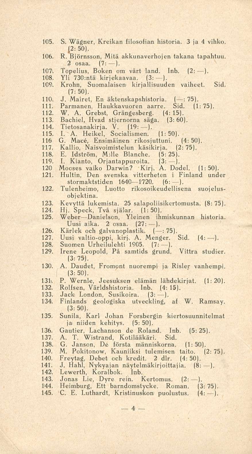 Blanche, 105. Si. Wagner, Kreikan filosofiani historia.. 3ja 4 vihko. 2; 50), 106. R. Björnsson, Mitä akkunaverhojen takana tapahtuu. 2 osaa. (7: ). 107. Topelius, Boken om vårt land. Inb, (2: ), 108.