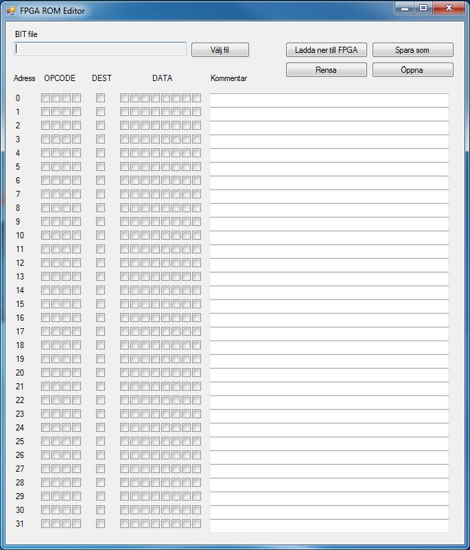 Lab 5: MCU 19 Figur 5.9: Skärmklipp av FPGA_ROM_Editor s gränssnitt. Programmet används för att kopiera er kod till MCUns minne innan designen laddas ner till FPGA-kortet.