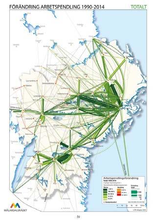 I kartorna nedan redovisas arbetspendlingen totalt 2014 samt förändring mellan 1990-2014 mellan kommunerna i Östra Mellansverige.