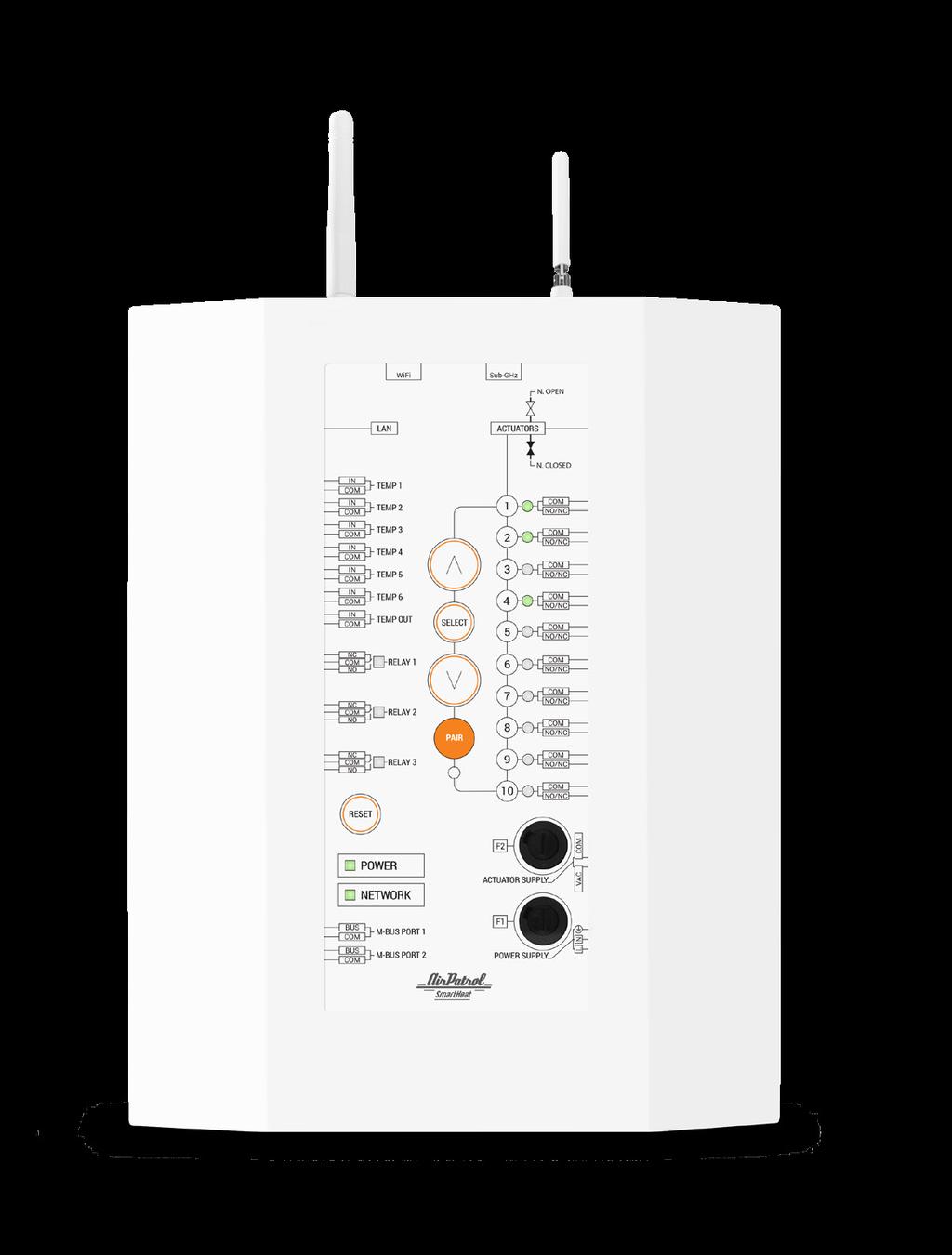 SMARTHEAT ALLT-I-ETT STYRENHET Vår smartaste värmestyrningsenhet för ditt hem Kopplingscenter, Nätbrygga, Relän, Temperaturgivare, M-Bus anslutningar Styrenheten är i centrum av AirPatrol SmartHeat