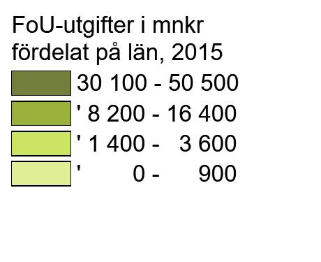 SCB 10 UF 16 SM 1701 Geografisk koncentration av FoU-verksamheten I Sverige bedrivs merparten av den totala FoU-verksamheten i de tre storstadslänen Stockholm, Västra Götaland och Skåne.