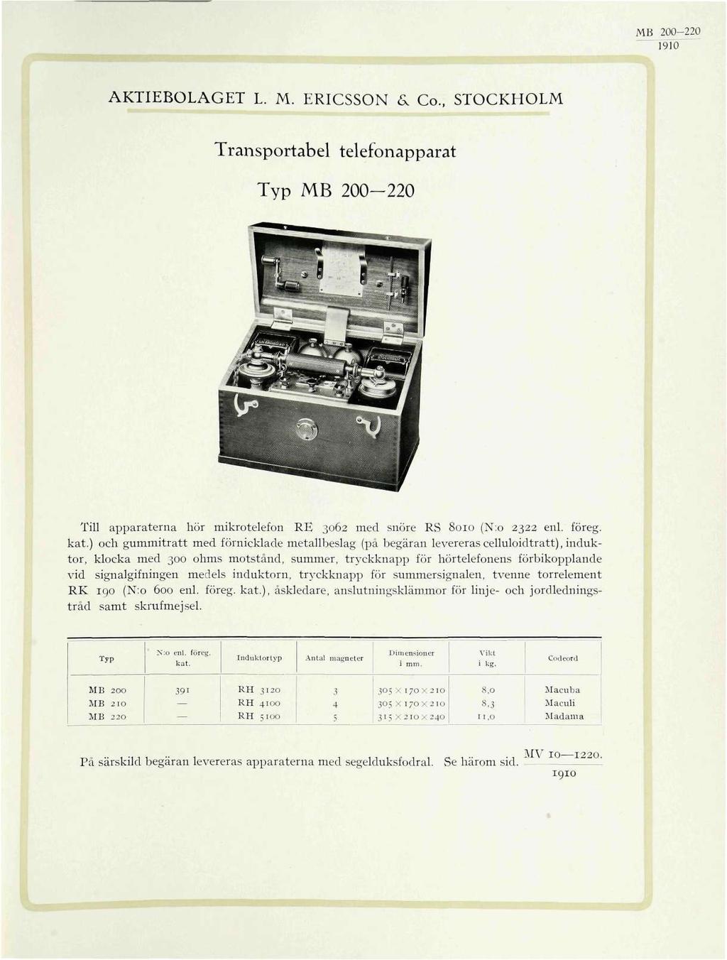 MB 200-220 ~ 19K) AKTIEBOLAGET L. M. ERICSSON 6, Co., STOCKHOLM Transportabel telefonapparat Typ MB 200-220 Till apparaterna hör mikrotelefon RE 3062 med snöre RS 8010 (N:o 2322 enl. föreg. kat.