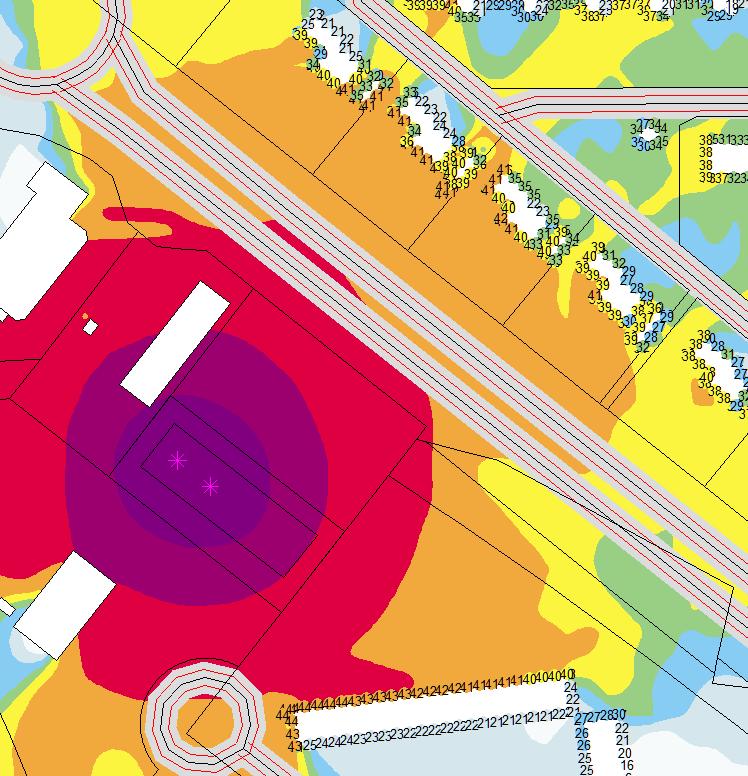 Resultat Vid befintlig byggnation beräknas fasadljudnivåer upp till 44 db(a), vilket är över riktvärde för industribuller med tonalt innehåll, 35 db(a).