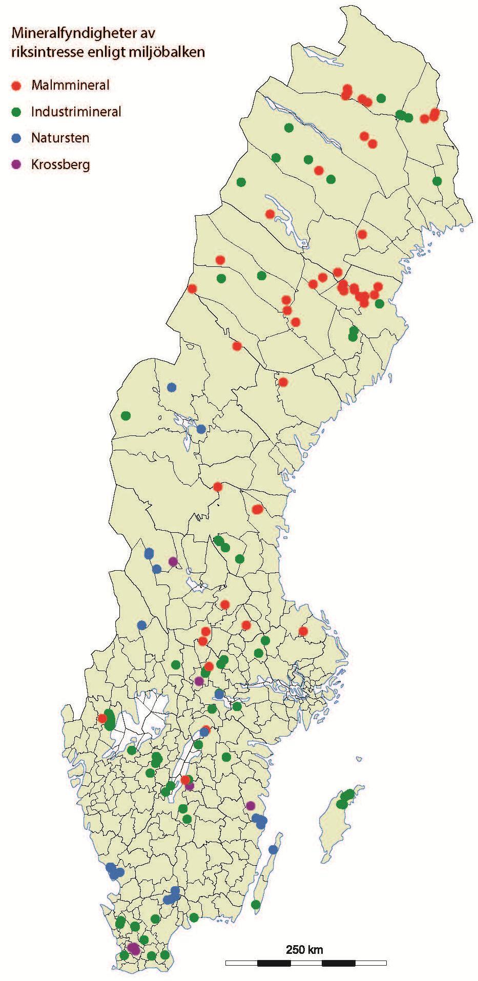 SGU utpekar riksintressen för: 1. Metaller 2. Industrimineral 3. Bergmaterial 4. Natursten Totalt 145 st.