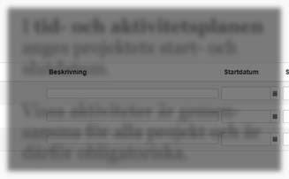 Tid och aktivitetsplan I tid- och aktivitetsplanen anges projektets start- och slutdatum. Vissa aktiviteter är gemensamma för alla projekt och är därför obligatoriska.