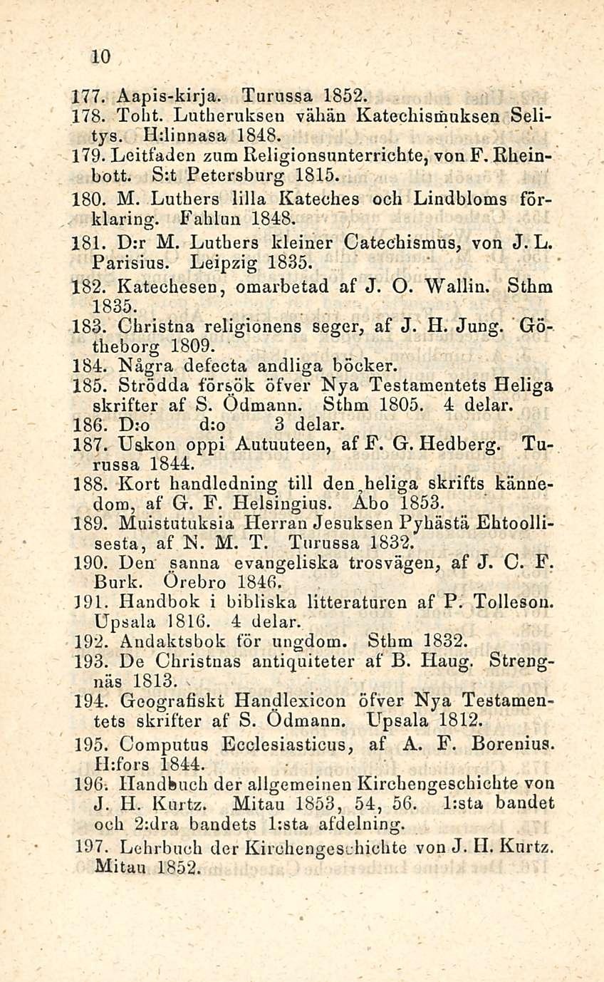 10 177. Aapis-kirja. Tarussa 1852. 178. Toht. Lutheruksen vähän Katechismuksen Selitys. Hilinnasa 1848. 179. Leitfaden zumreligionsunterrichte, von F. Rheinbott. S:t Petersburg 1815. 180. M.