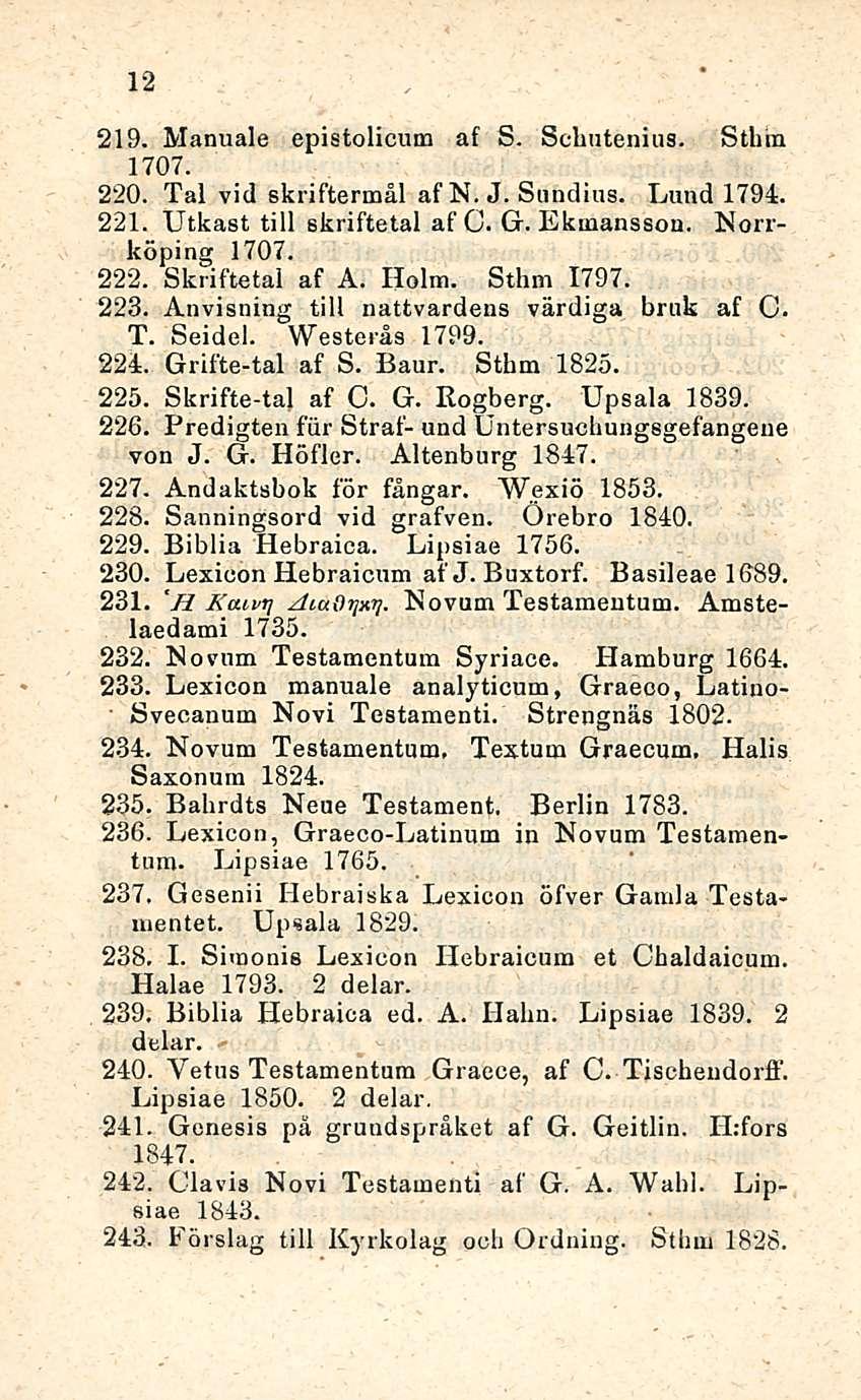 12 219. Manuale epistolicum af S. Schutenius. Sthra 1707. 220. Tai vid skriftermål af N. J. Siindius. Lund 1794. 221. Utkast tili skriftetal af C. G. Ekmansson. Norrköping 1707. 222. Skriftetal af A.