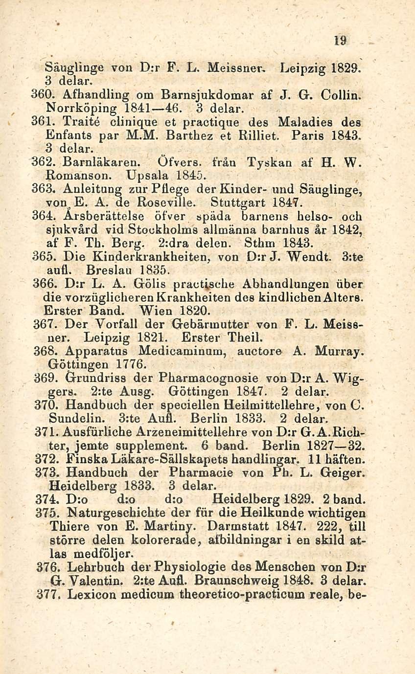 Säuglinge von D:r F. L. Meissner- Leipzig 1829. 3 delar. 360. Afhandling om Barnsjukdomar af J. G. Collin. Norrköping 1841 46. 3 delar. 361.