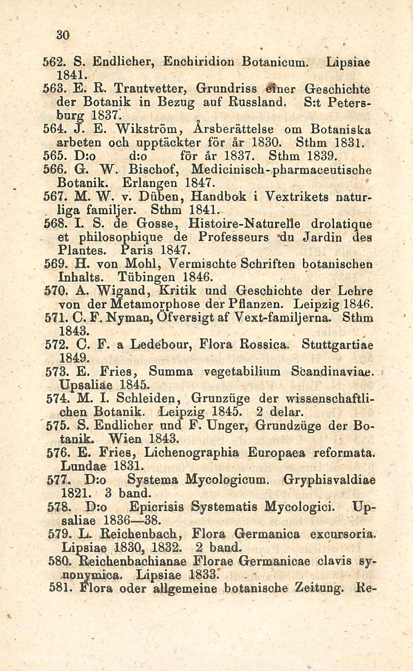 30 562. S. Endlicher, Enchiridion Botanicum. Lipsiae 1841. 563. E. R. Trautvetter, Grundriss elner Geschichte der Botanik in Bezug auf Russland. S:t Petersburg 1837. 564. J. E. Wikström, Årsberättelse om Botaniska arbeten och upptäckter för år 1830.