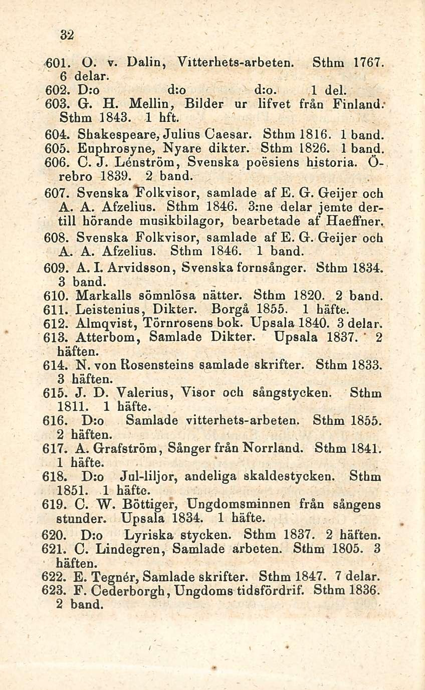 ' 32 Ol. O. v. Dalin, Vitterhets-arbeten. Sthm 1767. 6 delar. 602. D:o d:o d:o. 1 del 603. G. H. Mellin, Bilder ur lifvet från Finland. Sthm 1843. 1 hft. 604. Shakespeare, Julius Caesar. Sthm 1816.