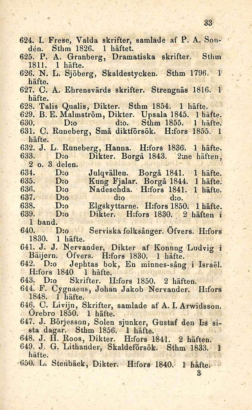 33 624. I. Frese, Valda skrifter, samlade af P. A. Sonden. Sthm 1826. 1 häftet. 625. P. A. Granberg, Dramatiska skrifter. Sthm 1811. 1 häfte. 626. N. L. Sjöberg, Skaldestycken. Sthm 1796. 1 häfte. 627.