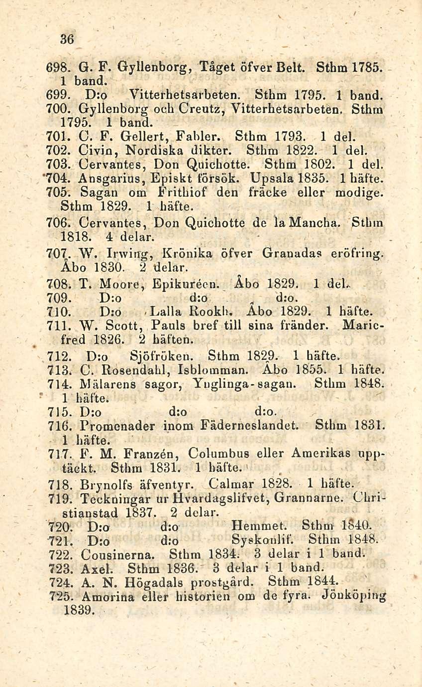 36 698. G. F. Gyllenborg, Tåget öfver Belt. Sthm 1785. 1 band. 699. D:o Vitterhetsarbeten. Sthm 1795. 1 band. 700. Gyllenborg ooh Creutz, Vitterhetsarbeten. Sthrn 1795. 1 band. 701. C. F. Gellert, Fabler.