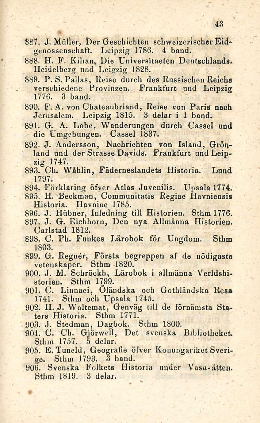 43 887. J. Möller, Der Geschichten schweizerischer Eidgenossenschaft. Leipzig 1786. 4 band. 888. H. F. Killan, Die Universitaeten Deutschlands. Heidelberg nnd Leigzig 1828. 889. P. S.