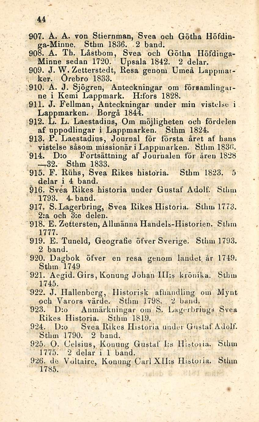 44 907. A. A. von Stiernman, Svea och Götha Höfdinga-Minne. Sthm 1836. 2 hand. 908. A. Tb. Låstbom, Svea och Götba Höfdinga- Minne sedän 1720. Upsala 1842. 2 delar. 909- J- W.