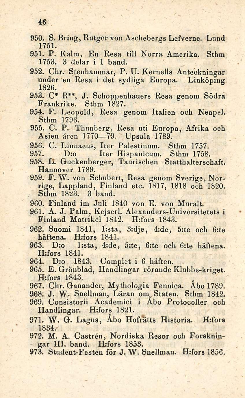 46 950. S. Bring, Rutger von Aschebergs Lefverne. Lund 1751. 951. P. Kalin, En Resa tili Norra Amerika. Sthm 1758. 3 delar i 1 band. 952. Chr. Stenhammar, P. U.