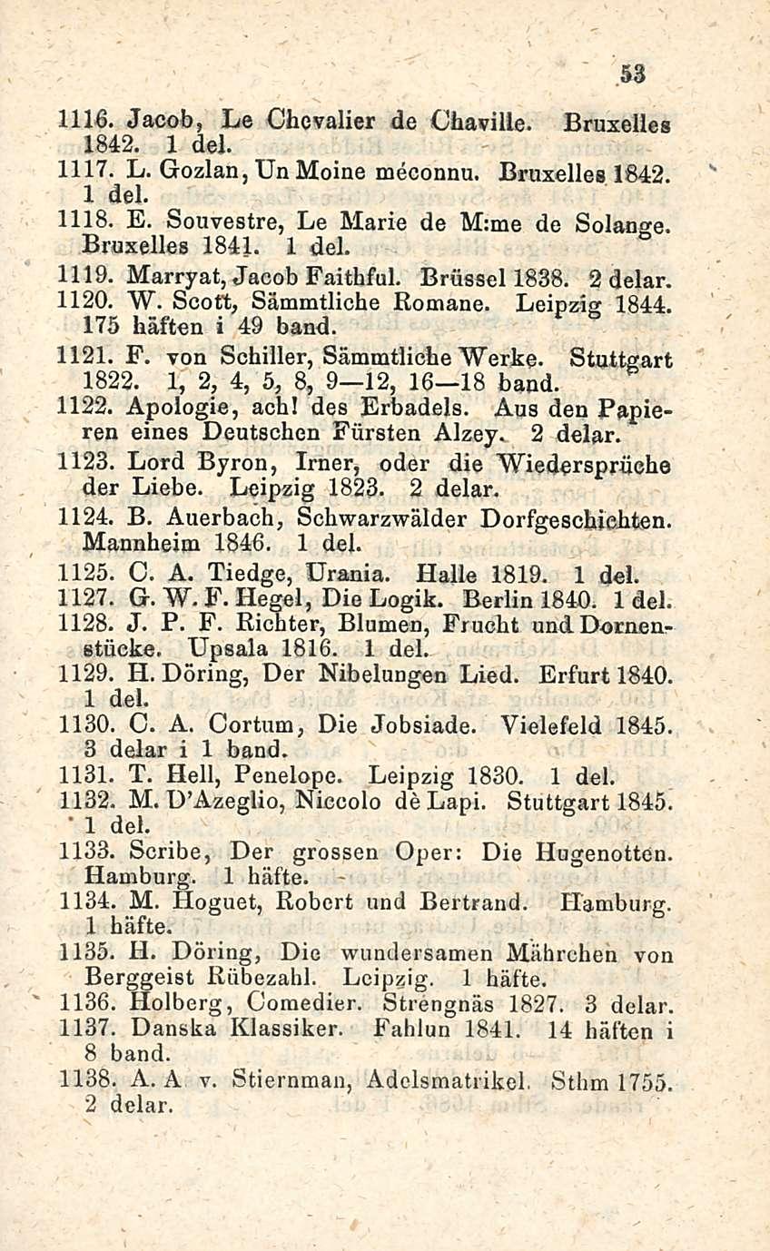 53 1116. Jacob, Le Chevalier de Chaviile. Bruxelles 1842. 1 del. 1117. L. Gozlan, UnMoine meconnu. Bruxelles 1842. 1 del. 1118. E. Souvestre, Le Marie de M:me de Solanne. Bruxelles 1841. 1 del. 1119.