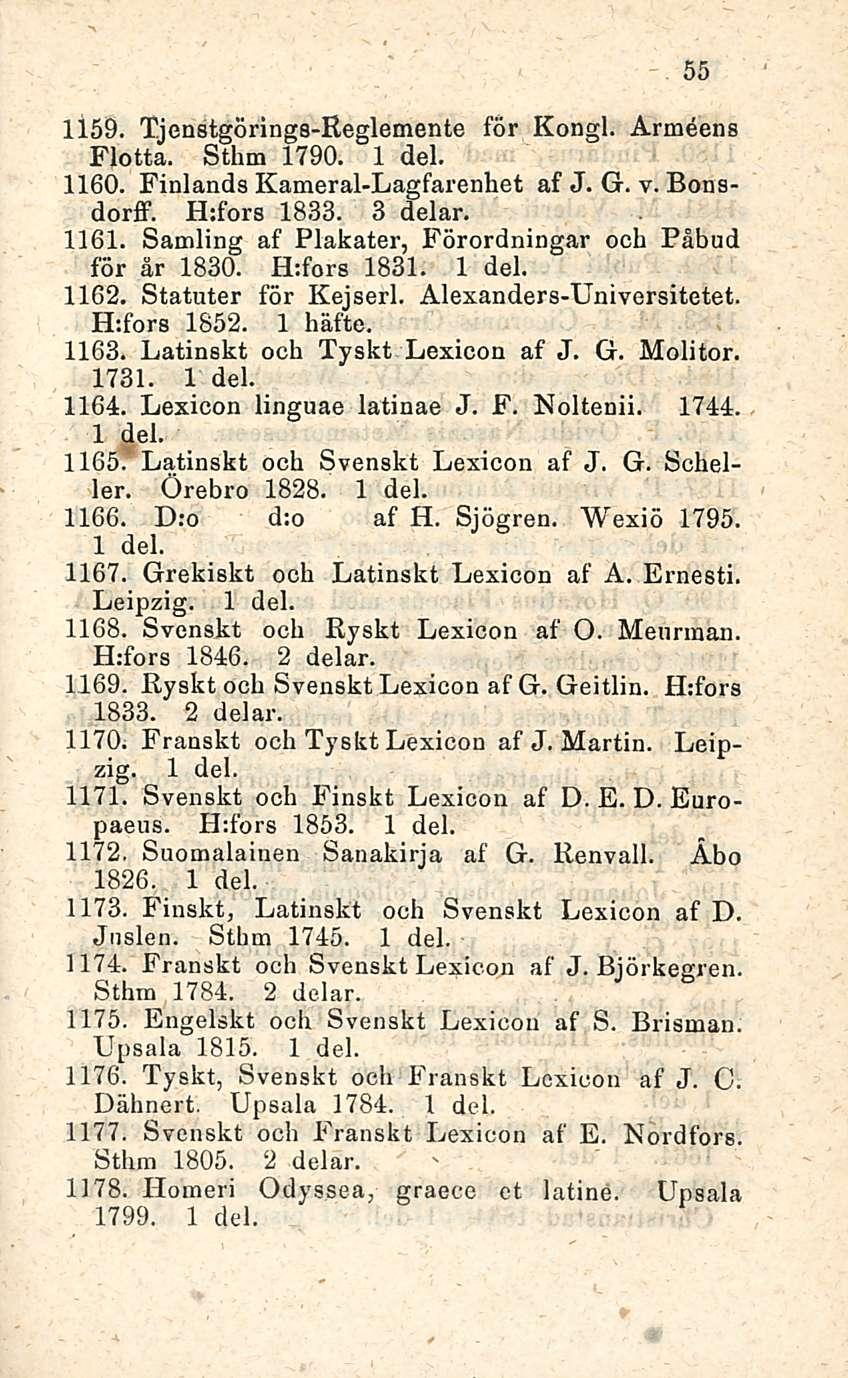55 1159. Tjenstgörings-Reglemente för Kongi. Armeens Flotta. Sthm 1790. 1 del. 1160. Finlands Kameral-Lagfarenhet af J. G. v. Bonsdorff. H:fors 1833. 3 delar. 1161.