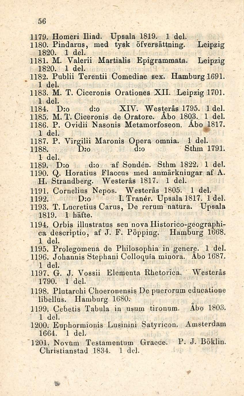 56 1179. Homeri Iliad. Upsala 1819. 1 del. 1180. Pindarus, med tysk öfversättning. Leipzig 1820. 1 del. 1181. M. Valerii Martialis Epigrammata. Leipzig 1820. 1 del. 1182. Publii Terentii Comediae sex.