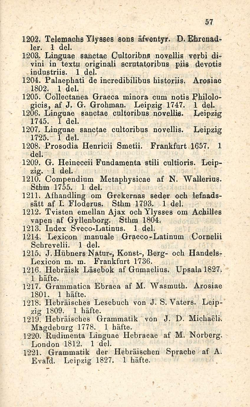 57 1202. Telemachs Ylysses sons äfventyr. D. Ehrenadler. 1 del. 1203. Linguae sanctae Onltoribns novellis verbi divini in textu originali scrutatoribus piis devotis industriis. 1 del. 1204.