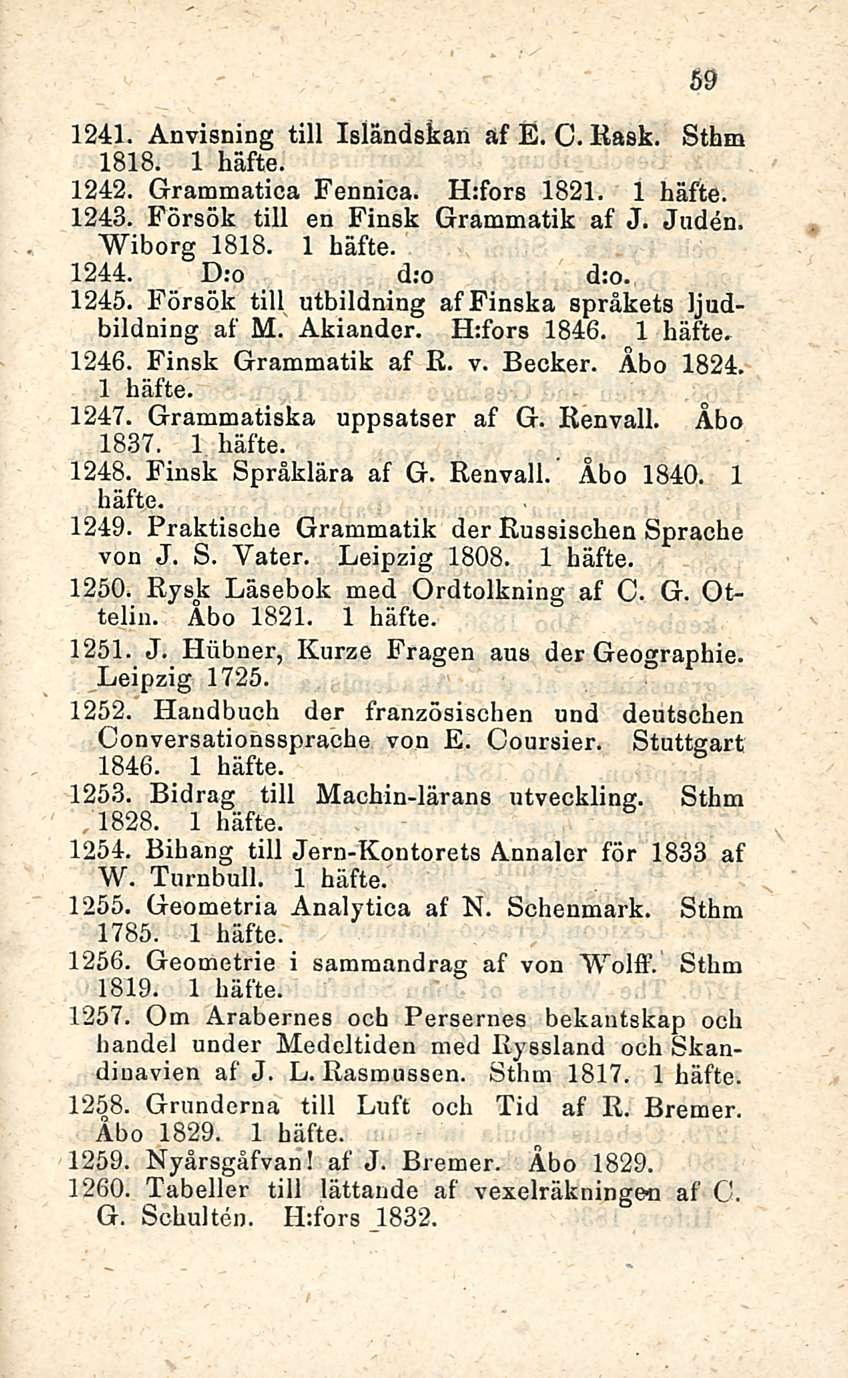 59 1241. Anvisning tili Isländskan af E. C. Rask. Sthm 1818. 1 häfte. 1242. Grammatica Fennica. H:fors 1821. 1 häfte. 1243. Försök tili en Finsk Grammatik af J. Juden. Wiberg 1818. 1 häfte. 1244.