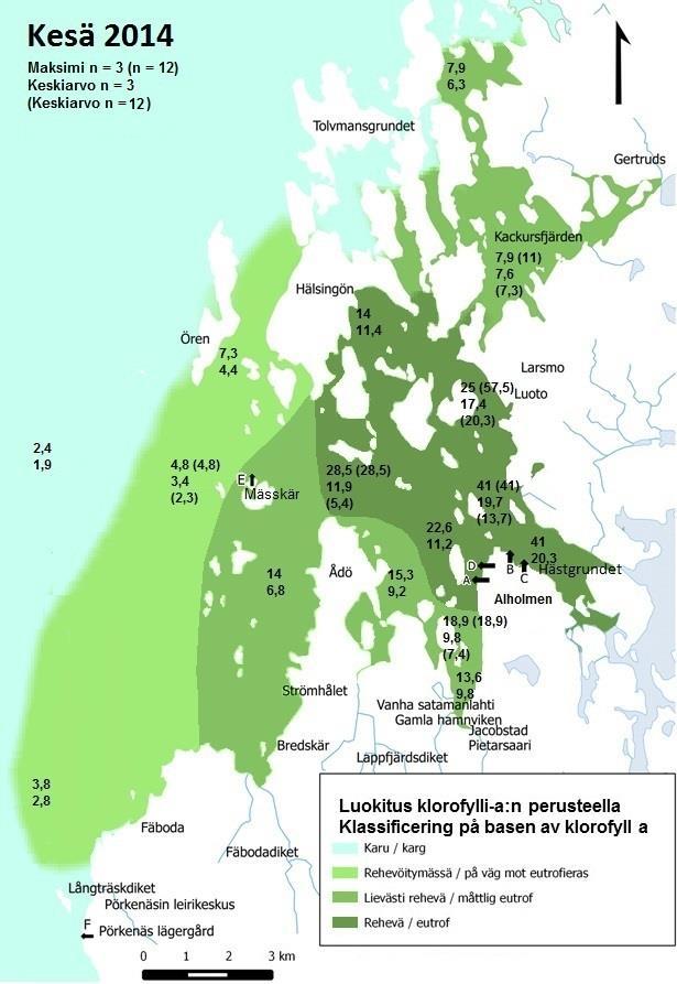 Eutrofieringsklassificeringen 17 Eutrofieringsklassificeringen för perioden med öppet vatten år 214 presenteras i figur 14.