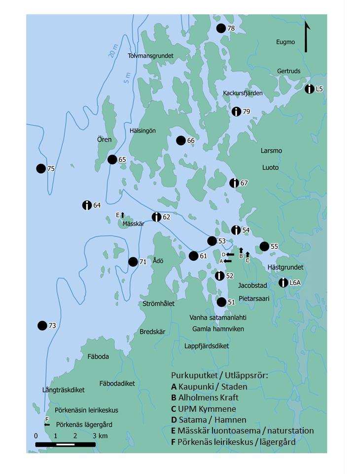 2 Figur 1. Havsområdet utanför Jakobstad, dess utsläppsplatser samt provtagningspunkterna.