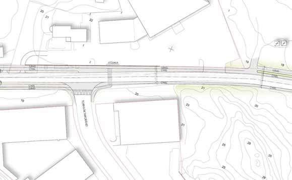 Gång- och cykelbanan separeras med en målad linje. Driftmässigt innebär denna sektion inte så stor förändring jämfört med idag.