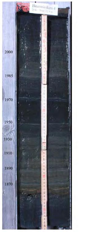 Figur 12. Sedimentkärna från station B4 daterad genom varvräkning. Brunnsviken juni 2016. Tabell 1. Sedimentkarakteristika och datering för 5 kärnor med mycket distinkt laminering.