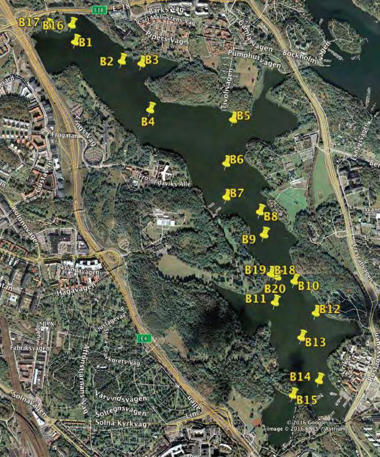 Positionsbestämning av provtagningsstationer gjordes med GPS (Garmin 4012) som medger en positionsnoggrannhet < 3 meter. Stationernas läge anges i koordinatsystemet Sweref 99 1800 samt på karta.