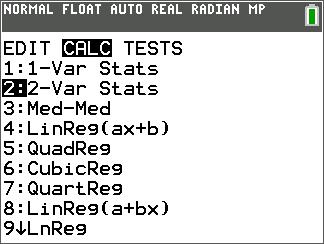 För att hitta variabelstatistiken för L1 respektive L2: 1. Tryck på. 2. Tryck på ~ för att markera CALC. 3.