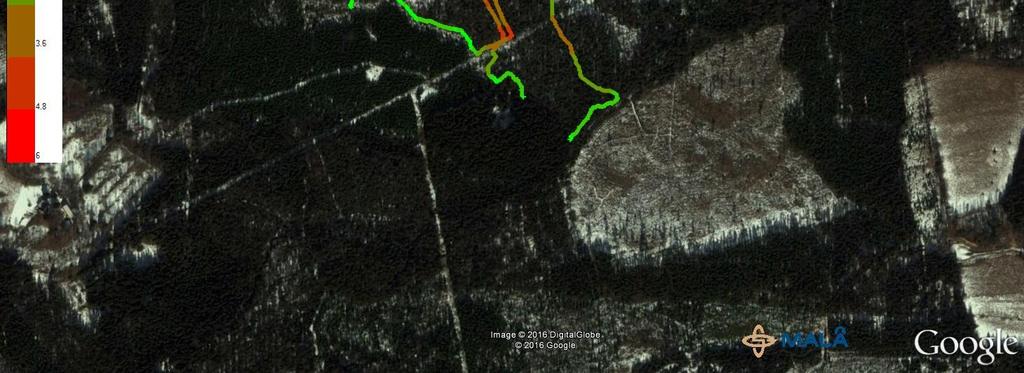 Några sonderingar gjordes även direkt i markradarlinjerna för att kalibrera den geofysiska tolkningen. Samtliga punkter mättes in i plan med GPS. Totalt utfördes 55 st. sticksonderingar.